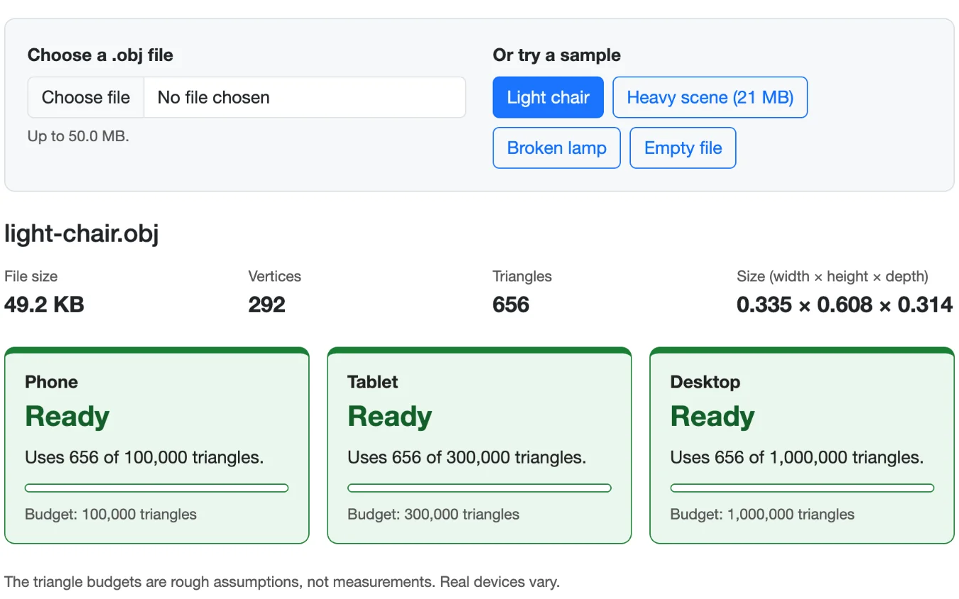 3D Model Load Checker showing a chair model rated Ready on phone, tablet and desktop