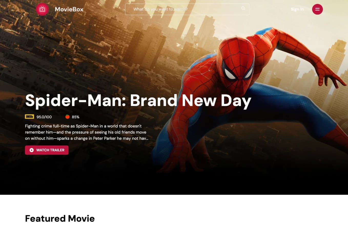 MovieBox home page with a Spider-Man: Brand New Day banner and a search bar
